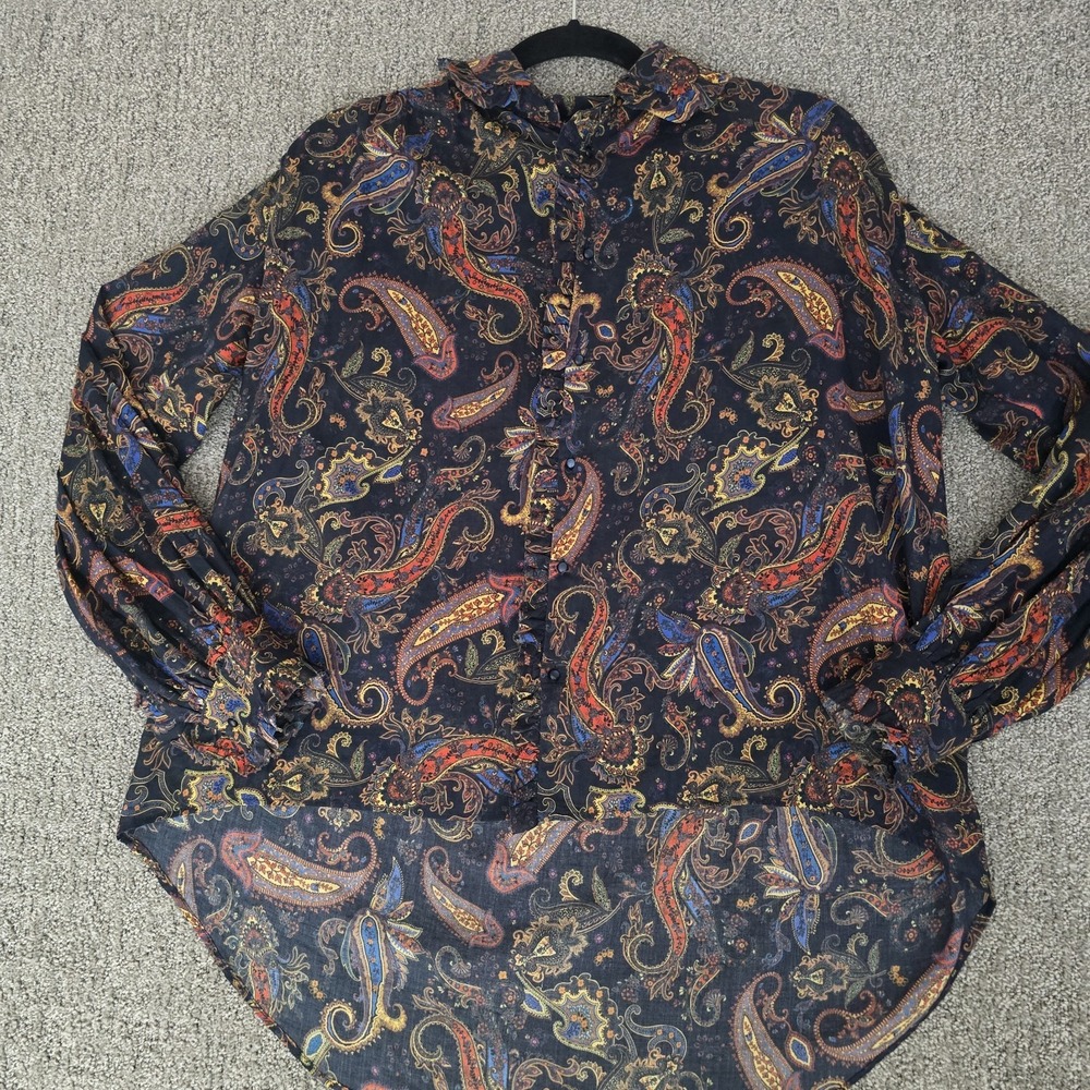 Maje Paris Oversize Paisley Ruffle Blouse Sheer‎ Button Front Boho Size 0